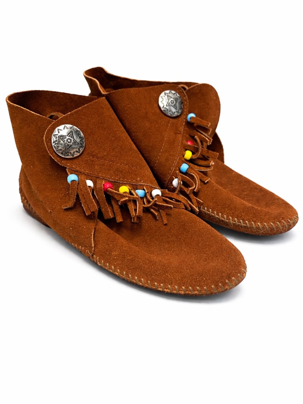 Minnetonka‎ Women Brown Suede Beaded Fringe Concho Ankle Moccasin Boots Size 8